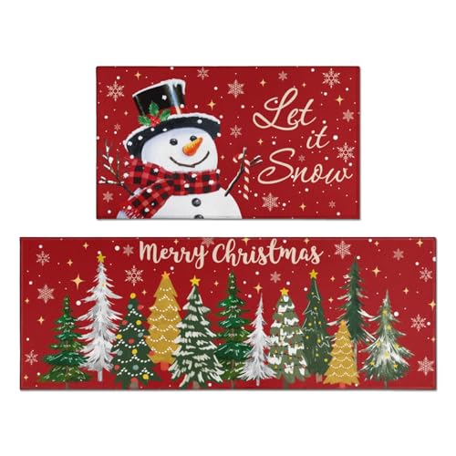 Christmas Kitchen Rugs Set of 2,Snowman Christmas Tree Christmas Rugs,Non-Slip Washable Kitchen Mats,Christmas Kitchen Decor,Suitable for Kitchen Holiday Sink Front Kitchen Mat,Red 17x30+17x47Inch - color: Red Christmas