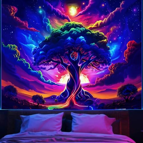 Apdidl Blacklight Tree of Life Tapestry Bedroom, Black Light Space Posters - color: I - Blacklight Tree Tapestry, size: 79"L x 60"W