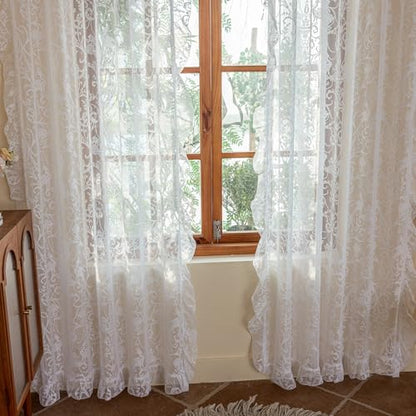 TUDECO White Lace Curtains 63 Inch Length, Ruffle Edges, 59 x 63, 2 Panels - color: White, size: 59"W x 63"L (Pack of 2)