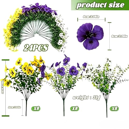 2 Sets Artificial Hanging Baskets with Pansy Flowers, 24 Pcs Faux Silk Pansy, Outdoor Hanging Flower for Porch Patio Garden Home, Wall Hook for 2 Plant Hanger Bracket (2, Yellow, Creamy, Lavender) - color: Yellow, Creamy, Lavender