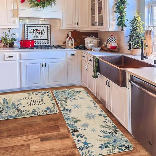 Baccessor Christmas Kitchen Rugs Set of 2, 17x29 and 17x47 Inch - color: Blue Flower