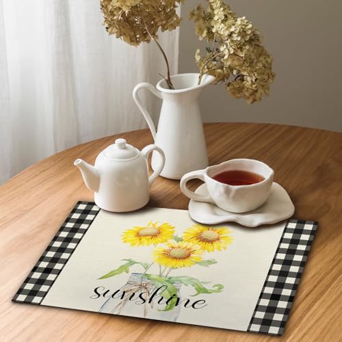 Buffalo Plaid Sunshine Sunflower Placemats, Resistant Place Mats Kitchen Decor Dining Decoration for Party, Sunflower Kitchen Decor Placemats Set of 4（ Sunshine ） -03 - style: Sunflower 3