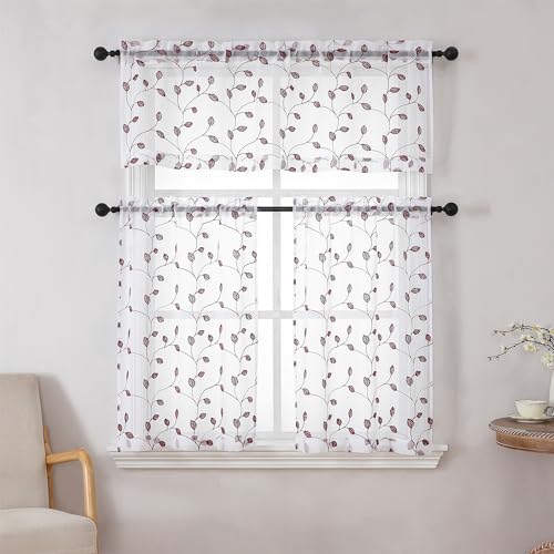 Regal Home Collections Embroidered Kitchen Tiers & Window Valance Curtains - 54"x36" Light Filtering Rod Pocket Cafe Tier, Curtain Valances for Windows, Elberon White/Burg - color: Elberon/Burgundy