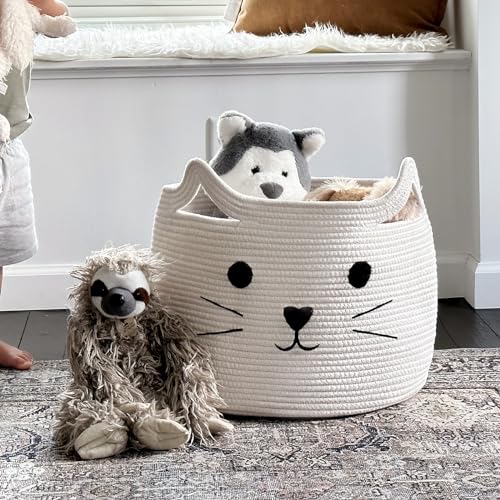 Large Woven Rope Cat Toy Basket with Cat Face Design, White - color: White, size: 15.7"W x 11.8"H