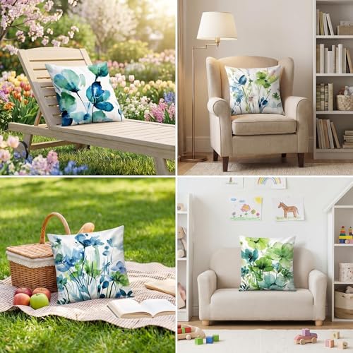 COMMINY Blue Green Linen Pillow Covers 18x18 Set 6 Floral Throw Cover - color: Blue Green Hydrangea Flower, size: 18" x 18" (Pack of 6)