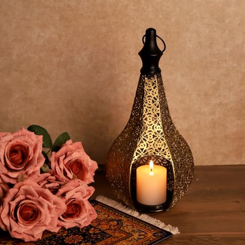 11.6in Moroccan Style Temple Lantern Ramadan Lamp Hanging Metal Candle Holders Decorative Festival Outdoor Patio or Porch Indoor Home Decor Gift Gold - color: Gold Temple