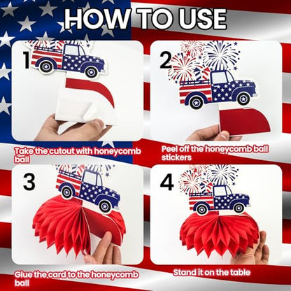 4th of July Honeycomb Centerpieces - 9PCS Patriotic Themed Table Decorations, Red White Blue Independence Day Party Supplies for Patriotic Events American Theme Gatherings - style: Independence Day