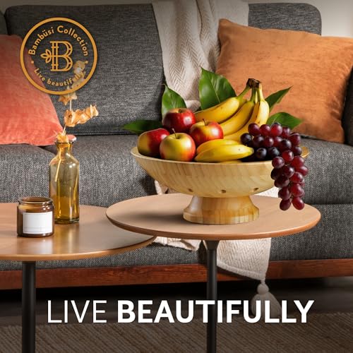 Wooden Fruit Bowl for Kitchen Counter, Bamboo Pedestal Fruit Basket, Vented - color: Bamboo
