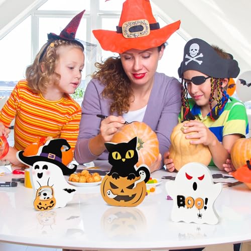 RCHCUDI 3 Piece Style Cute Wooden Ghosts Halloween Decorations indoor Table Decorations Cute Pumpkin Cat Signs Wizard Hat Wooden Blocks Boo Ghost Sign
