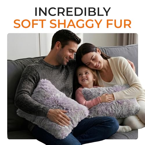 Cheer Collection Throw Pillows for Couch and Bed, Soft Shaggy Throw Pillows with Inserts Included, Cozy Long Hair Faux Fur Pillows - Set of 2-12" x 20" - Purple - color: Purple Ombre, size: 12" x 20"