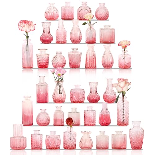 Set of 36 Glass Bud Vases Small Flower Vases for Centerpieces(Pink) - color: Pink