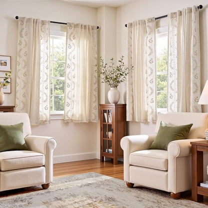 jinchan Floral Linen Curtains 63 Inch Farmhouse Back Tab 2 Panels - color: Beige, size: 50"W x 63"L (Pack of 2)