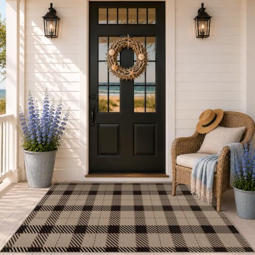 JTJ Outdoor Rug 3x5 for Front Porch, Washable Easy Jute Indoor Outdoor Rug, Non Slip Entryway Area Rug for Patio, Kitchen, Balcony, Farmhouse Black & Tan Plaid Rug - color: Beige Plaid, size: 3' x 5' (Rectangular)
