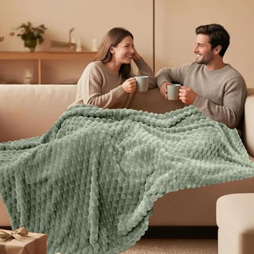 Vessia Flannel Fleece Twin Blanket, 3D Jacquard Sage Green Fuzzy and Warm Blanket for Couch, Sofa, Bed, 300GSM Super Soft Touch Cozy Home Decor for All Seasons (60x80 inches) - color: Sage Green, size: 60x80inch