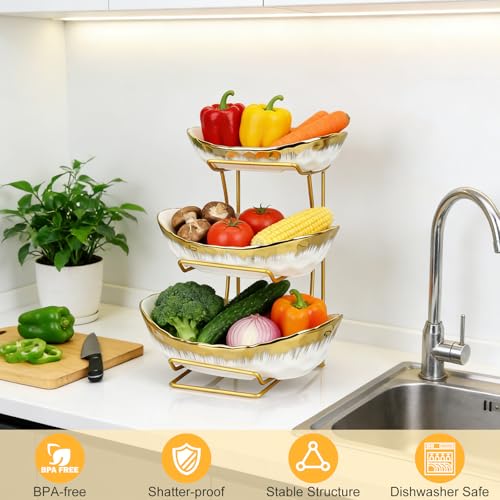 3 Tier Fruit Bowl for Kitchen Counter, Gold Trim Ceramic Fruit Stand Basket for Countertop, Fruit Rack with Thickened Metal Holder, Vegetable Bowl Dessert Nuts Bread Candy Storage (Gold Trim) - color: Gold Trim