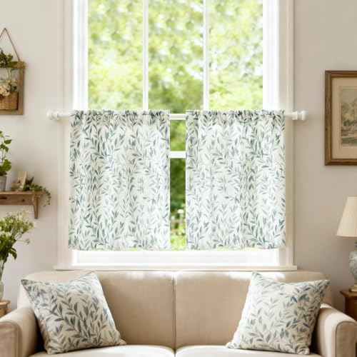 VOGOL Blue Leaf Print Tier Curtains, 36" Length Faux Linen Rod Pocket Half Curtain Light Filtering Panels for Kitchen Window or Bedroom, 2 Pieces, 30 x 36 Inches - color: Blue, size: 30"W x 36"L (Pack of 2)