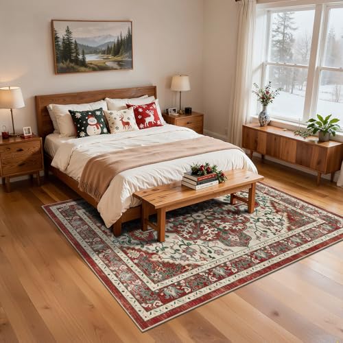 U'Artlines Red Christmas Area Rug 5x7 Boho Washable Soft Holiday Carpet - color: Christmas Red, size: 5' x 7' (Rectangular)