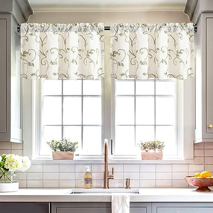 VOGOL Green Leaf Embroidered Linen Textured Valance, 42 x 18, 1 Panel - color: Green, size: 42"W x 18"L (Pack of 1)