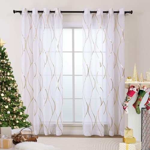 L.Z.E Gold White Sheer Curtains 108 Inches Long 2 Panels Set for Living Room Bedroom See Through Sheer Curtains Grommet Top Transparent Sheers with Wave Pattern Extra Long - color: (Grommet) Gold Waves, size: 54"W x 108"L (Pack of 2)