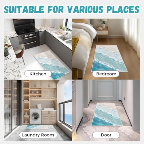Beach Pattern 2x4ft Runner Rug Non Slip Washable Kitchen Runner Rug with Rubber Backing，Low-Pile Soft Washable Runner Rugs for Hallway Entryway Kitchen Bedroom Living Room Bathroom - color: Light Blue Beach, size: 2' x 4' (Rug)