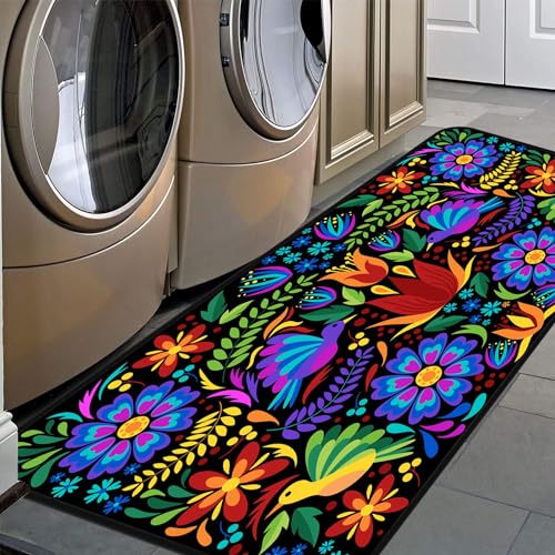 Colorful Mexican Floral Kitchen Rugs Indoor Outdoor Non Slip Kitchen Floor Mats Area Rugs Runner Rug Laundry Room Rug 20x48 in - size: 48x20 in