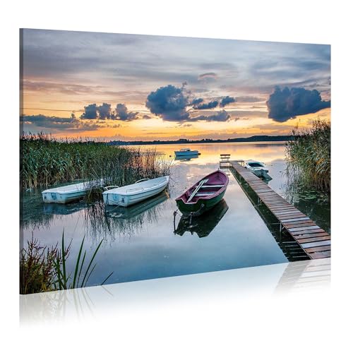 Dream Land Lake Boat Landscape Artwork: Rustic Reed Water Wall Art Long Bridge Sunset Canvas Picture for Bedroom - color: bridge, size: 36"L x 24"W