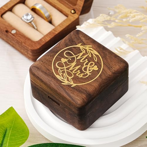 KWOOD Custom Wooden Wedding Ring Box for 2 Rings, Engraved Mr & Mrs Double Ring Holder for Wedding Ceremony Ring Bearer Box Anniversary Birthday Gift Ideas - style: G-Mr & Mrs