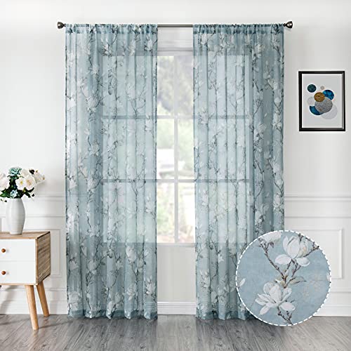 Tollpiz Floral Short Blue Sheer Curtain Flower Print Vine Embroidery Bedroom Curtains Rod Pocket Voile Window Curtain for Living Room, 54 x 54 inches Long, Set of 2 Panels - color: Blue, size: 54"W x 54"L (Pack of 2)