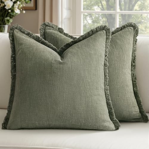 Linen Fringe Pillow Covers 18x18 Inch Set of 2,Light Olive Green - color: Light Olive Green, size: 18" x 18" (Pack of 2)