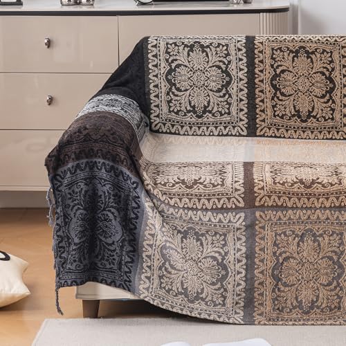 Boho Throw Blanket, Chenille Jacquard Tassels Throw Blankets for Bed Couch Soft Chair， Bohemian Fringe Tassels (Black, Large 86 * 102Inches) - color: Mocha Noir, size: 87" x 102"