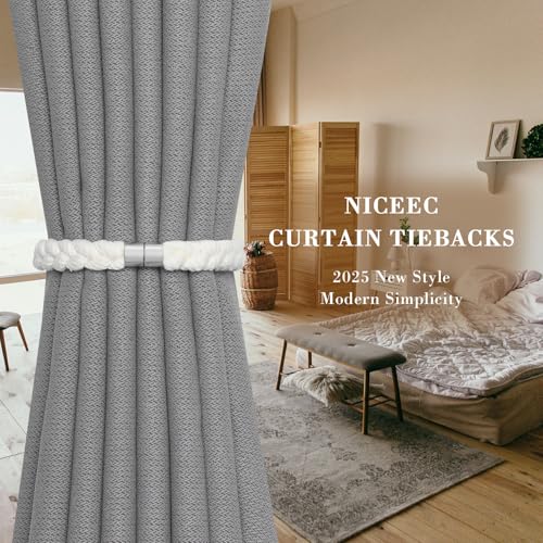 NICEEC 2 Pack Natural Cotton Rope Curtain Tiebacks Elegant Boho Style Magnetic Drape Tie Backs Soft Hand-Woven Rope Curtain Holdbacks for Home & Office Drapery (Cotton rope-02) - color: Cotton Rope-02, size: 2 Pack