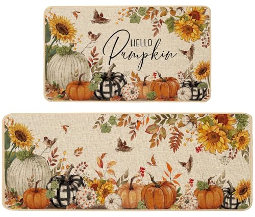 Baccessor Fall Pumpkin Kitchen Rugs Set of 2, 17x29 and 17x47 Inch - color: Fall Pumpkin