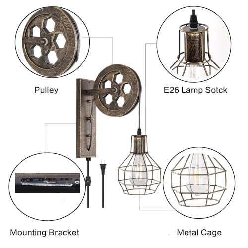Plug in Wall Sconce Rustic Wall Light Lift Pulley Matte Iron Cage Shade Industrial Mid Century Wall Lamp Indoor Lighting Barn Restaurant (Bronze Color) - color: Bronze-Plug in