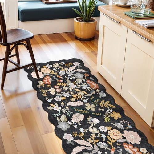 2x8ft Scalloped Hallway Runner Rug: Washable Floral Kitchen Runner Black - color: Black, size: 2' x 8' (Runner)