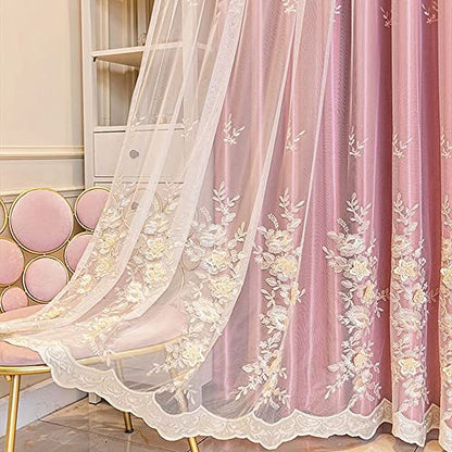 Amidoudou 1 Pair European 3D Flower Luxury Embroidered Curtains Double Layer Curtains with Valance for Living Room Bedroom (Pink,52x84 Inch) - color: Pink, size: 52"W x 84"L (Pack of 2)