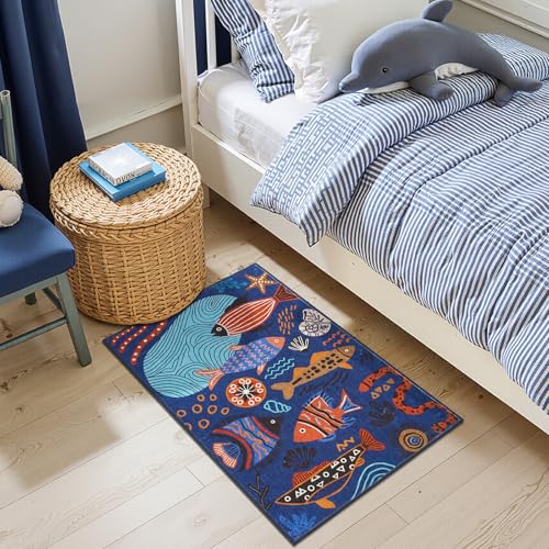 jinchan 2x3 Coastal Area Rug Washable Kids Rug Colorful Ocean Fish Mat Blue - color: Undersea Stroll Navy Blue, size: 2' x 3' (Rectangular)
