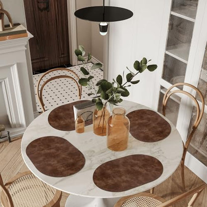 ADRIMER Oval Placemats Set of 6, Wipeable Faux Leather, Brown - color: Brown