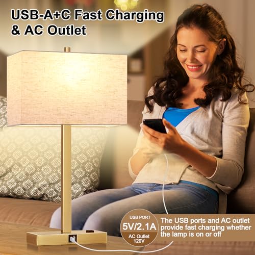 Lynnoland 21" Set of 2 Table lamp with USB A+C & AC Outlets, Touch Control 3-Way Dimmable Nightstand Lamps for Living Room Bedroom Office Reading, Linen Shade Touch Lamps, 3000K LED Bulbs Included - color: Natural Linen & Brushed Gold