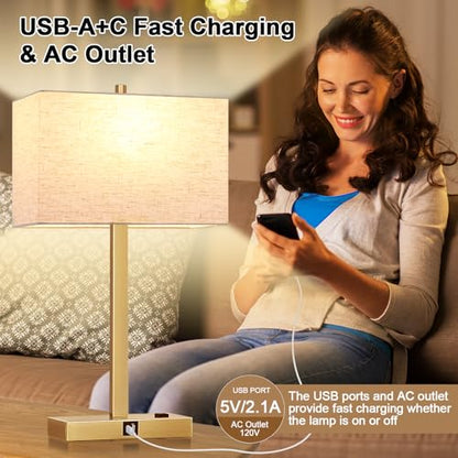Lynnoland 21" Set of 2 Table lamp with USB A+C & AC Outlets, Touch Control 3-Way Dimmable Nightstand Lamps for Living Room Bedroom Office Reading, Linen Shade Touch Lamps, 3000K LED Bulbs Included - color: Natural Linen & Brushed Gold