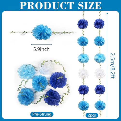 Blue White Party Decorations Ombre Blue Tissue Paper Flowers Pom Pom with Leaf Ribbon Hanging Garland Streamer for Birthday Wedding Shower Under The Sea Nautical Ahoy Achor Party Supplies - color: Blue