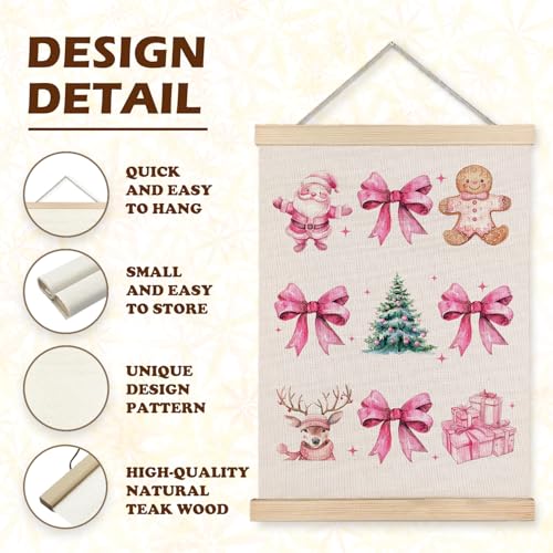 Coquette Pink Christmas Bow Gingerbread Wall Art, 12x16 Inch, With Wooden Poster Hanger for Home Office - color: Christmas Pink Bow, size: 12x16