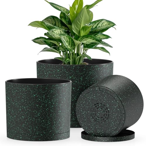 Plant Pots, 10/9/8 Inch 3 Pack Cylindrical Flower Pots with Drainage Holes and Saucers, Plastic Planters for Outdoor Indoor Plants, Black with Green Speckles - color: Black With Green Speckles