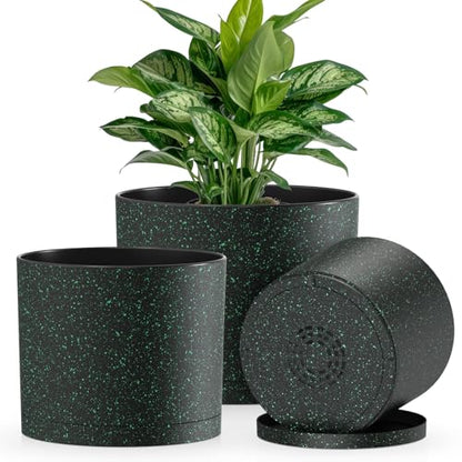 Plant Pots, 10/9/8 Inch 3 Pack Cylindrical Flower Pots with Drainage Holes and Saucers, Plastic Planters for Outdoor Indoor Plants, Black with Green Speckles - color: Black With Green Speckles