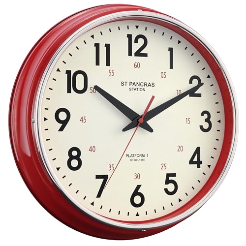 Wall Clock Metal 12.4" Countryside Style Wall Clocks Retro Vintage Classical Silent Non Ticking Easy to Read for Living Room/Kitchen/Bedroom/Office/Bar(12.4" Red) - color: Red