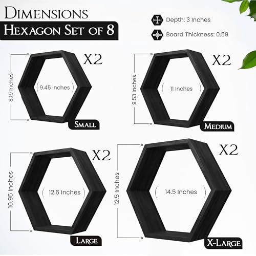 Hexagon Floating Shelves Set of 8 Honeycomb Shelves for Wall, Wooden Hexagon Shelves for Farmhouse Storage - color: Carbonized Black