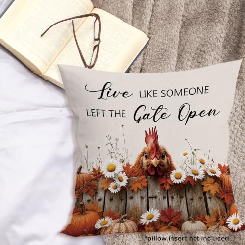 Fall Chicken Daisy Floral Pumpkin Leaves Throw Pillow Covers 18x18 - color: Chicken-02