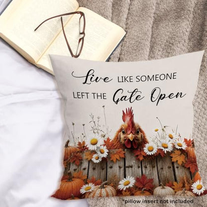 Fall Chicken Daisy Floral Pumpkin Leaves Throw Pillow Covers 18x18 - color: Chicken-02