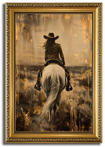 HNNXAR Gold Framed Wall Art Western Cowgirl Wall Canvas Art Decor Equestrian Rider Paintings Cowboy Pictures Horse Prints Vintage Artwork for Bedroom Living Room - color: Cowgirl, size: 24"L x 16"W