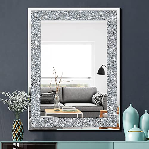 QMDECOR Crystal Crush Diamond Rectangle Silver Mirror for Wall Decoration 24x32inch Wall Hang Frameless Mirror Acrylic Diamond Decor. - size: 32"L x 24"W