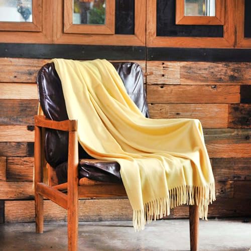 CUDDLE DREAMS Premium Cashmere Throw Blanket with Fringe (Yellow) - color: Yellow